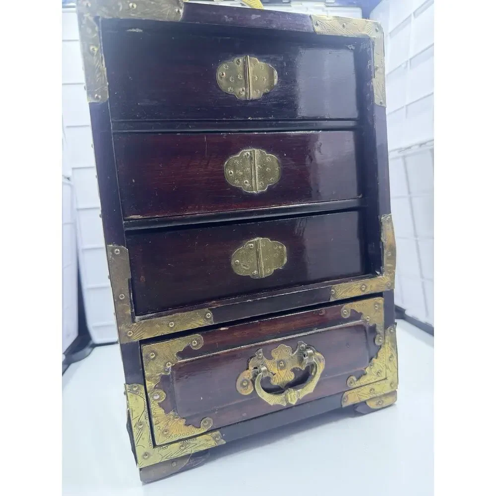 Stunning Antique Asian Jewelry Box w/ Ornate Brass, Chinese Carved Jade Inserts
